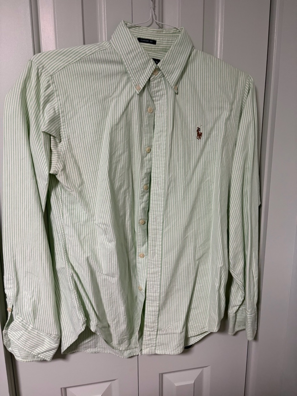 Ralph Lauren Light Green and White Striped Button-Down Shirt